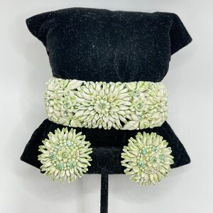 Featherweights Vintage White Green Celluloid Clamper Bracelet Clip Earrings Set